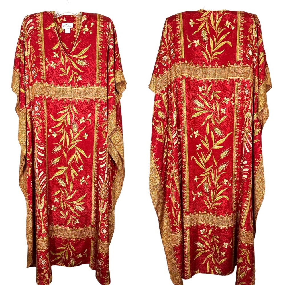 Ruth Norman New York | Vintage Red and Gold Floral Silky Caftan/Mumu/House Dress